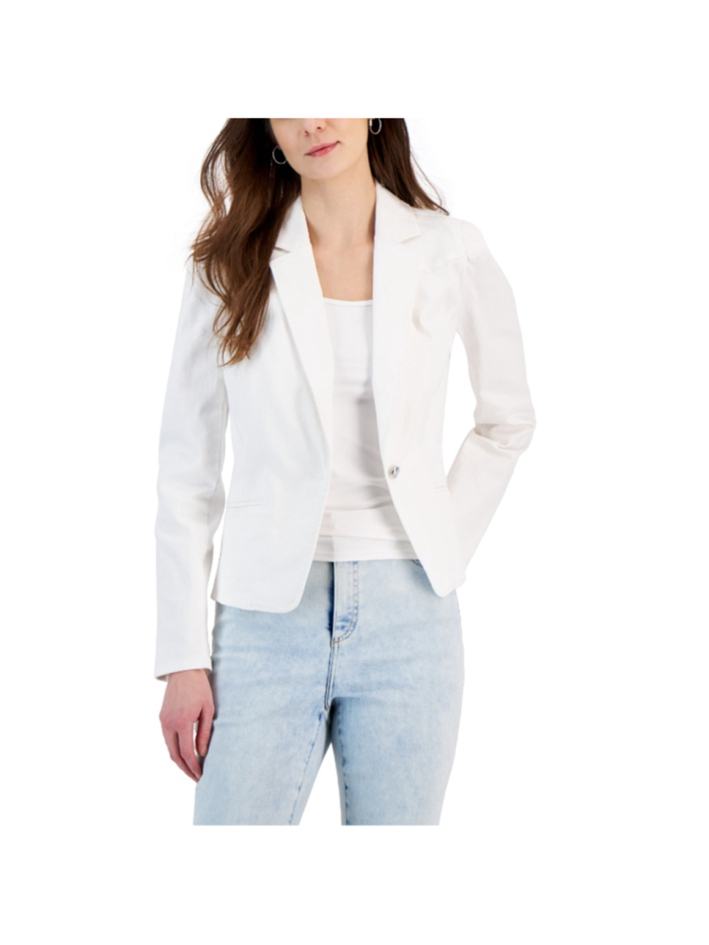INC International Concepts Size Medium Puff-Sleeve White Denim Blazer Jacket NWT